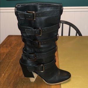 Black Leather Strapped and Buckled Bakers Boots